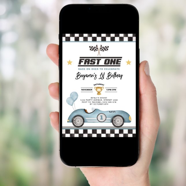 Retro Blue Fast One Race Car Boy 1st Birthday Invitation (Front Digital)