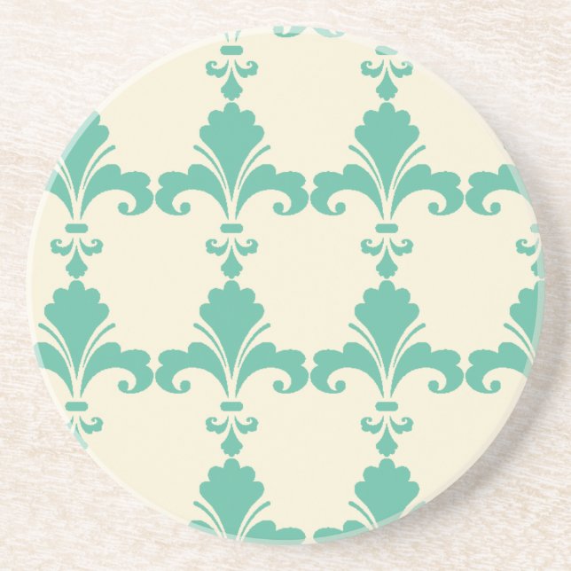 Retro Blue Fleur-De-Lis Pattern Sandstone Coaster (Front)