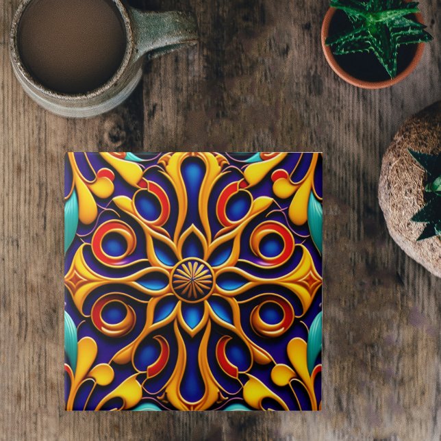 Retro Blue Floral Art Deco Illustration Ceramic Tile (Creator Uploaded)