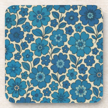 Retro Blue Floral Cork Back Plastic Coasters Set 