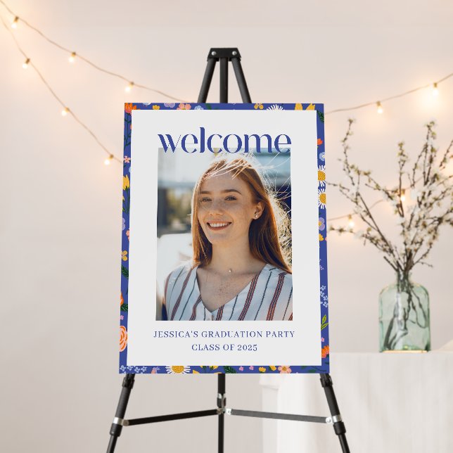 Retro Blue Floral Graduation Photo Welcome Sign (In Situ (Stand))