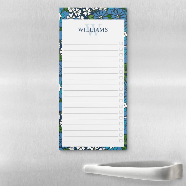 Retro Blue Floral Pattern Checkbox Grocery List Magnetic Notepad (In Situ)
