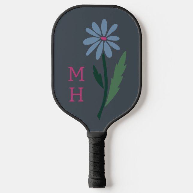 Retro Blue Floral Pink Monogram Slate Gray Pickleball Paddle (Front)