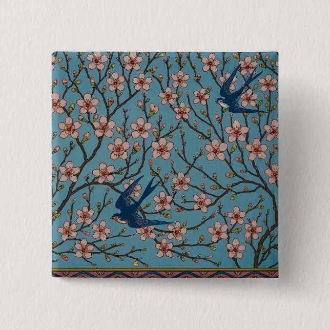 Retro Blue Floral Swallow Pattern by Walter Crane Button (Front)