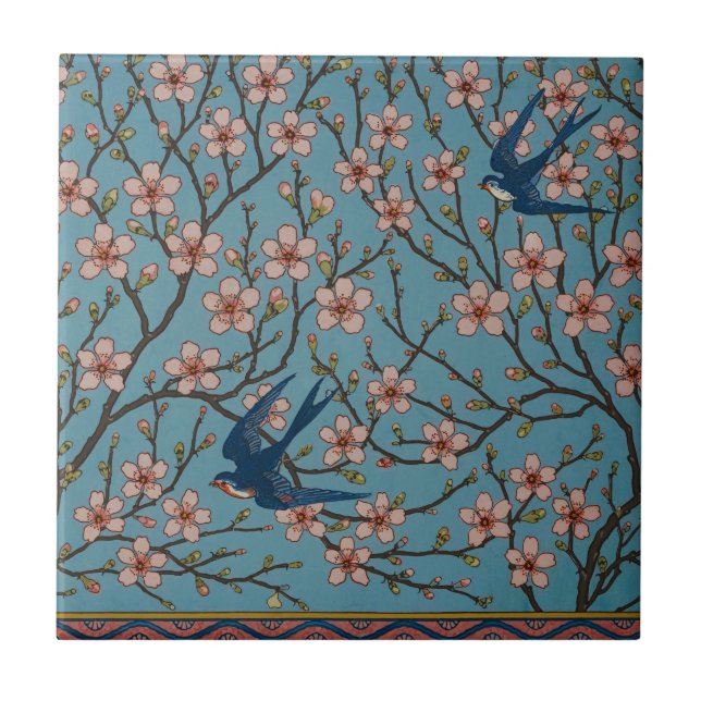 Retro Blue Floral Swallow Pattern by Walter Crane Ceramic Tile (Front)