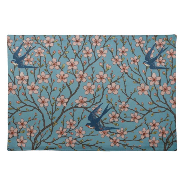 Retro Blue Floral Swallow Pattern by Walter Crane Cloth Placemat (Front)