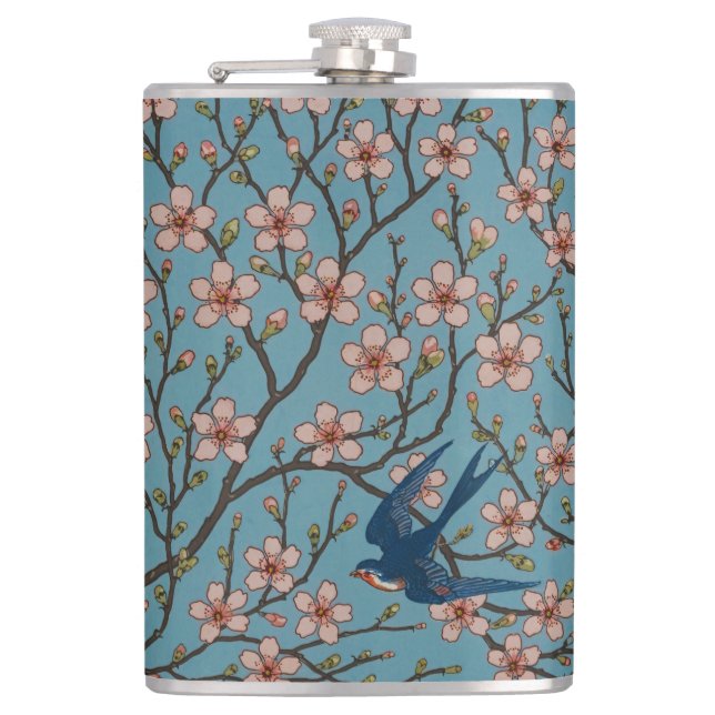Retro Blue Floral Swallow Pattern by Walter Crane Flask (Front)
