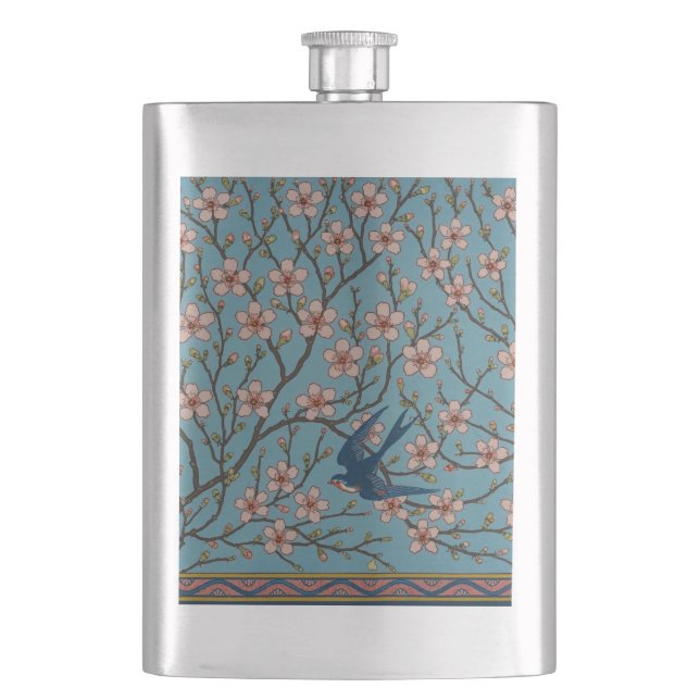 Retro Blue Floral Swallow Pattern by Walter Crane Flask (Front)