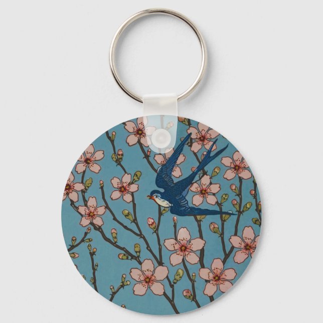 Retro Blue Floral Swallow Pattern by Walter Crane Keychain (Front)