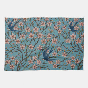 Retro Blue Floral Swallow Pattern by Walter Crane Kitchen Towel