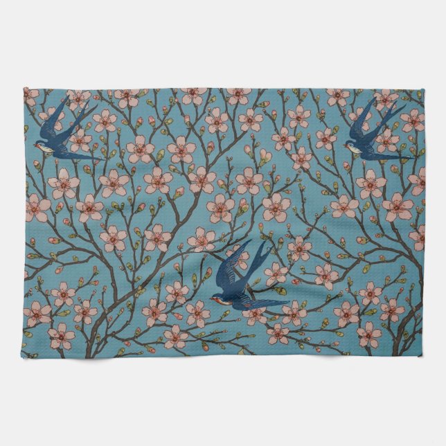 Retro Blue Floral Swallow Pattern by Walter Crane Kitchen Towel (Horizontal)