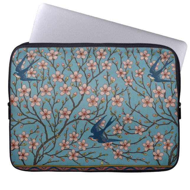 Retro Blue Floral Swallow Pattern by Walter Crane Laptop Sleeve (Front)