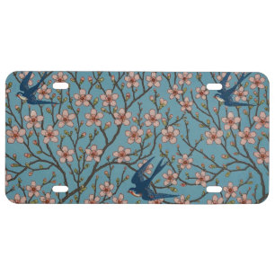 Retro Blue Floral Swallow Pattern by Walter Crane License Plate