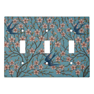 Retro Blue Floral Swallow Pattern by Walter Crane Light Switch Cover