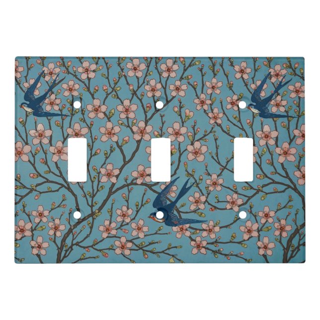 Retro Blue Floral Swallow Pattern by Walter Crane Light Switch Cover (Front)