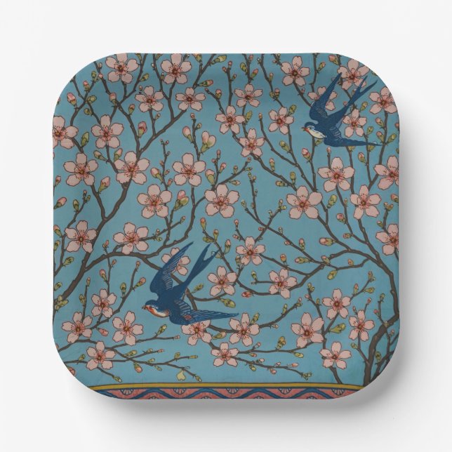 Retro Blue Floral Swallow Pattern by Walter Crane Paper Plates (Front)