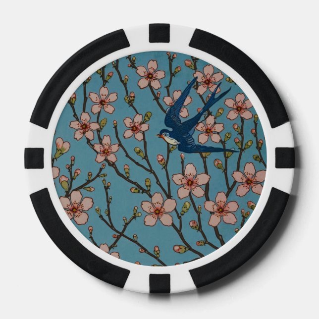 Retro Blue Floral Swallow Pattern by Walter Crane Poker Chips (Front)