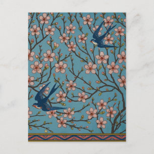Retro Blue Floral Swallow Pattern by Walter Crane Postcard