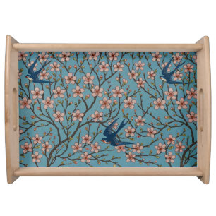 Retro Blue Floral Swallow Pattern by Walter Crane Serving Tray