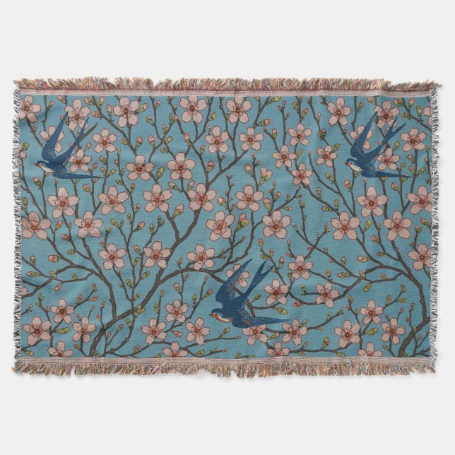 Retro Blue Floral Swallow Pattern by Walter Crane Throw Blanket (Front)