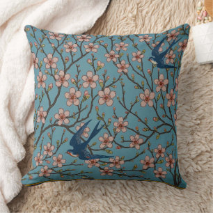 Retro Blue Floral Swallow Pattern by Walter Crane Throw Pillow