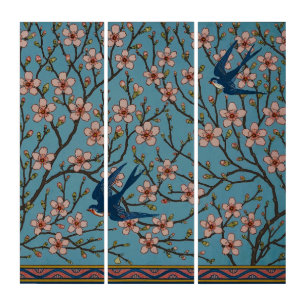 Retro Blue Floral Swallow Pattern by Walter Crane Triptych