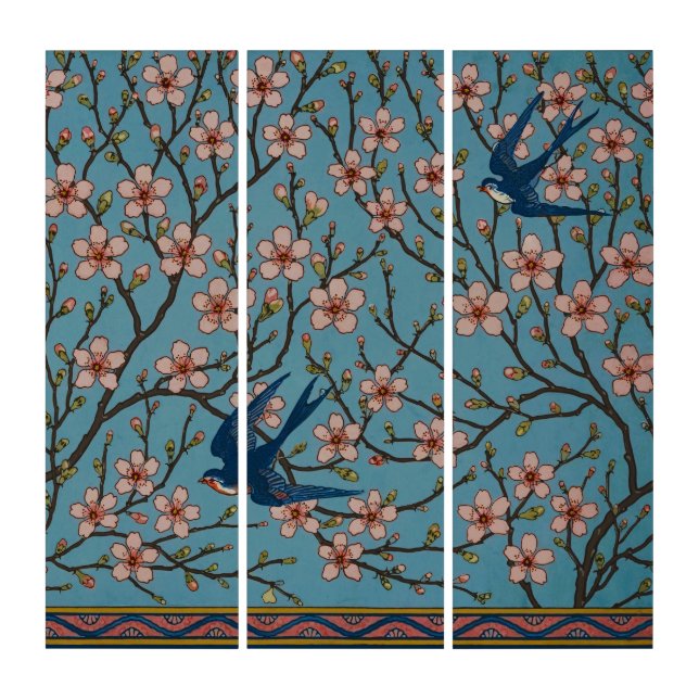 Retro Blue Floral Swallow Pattern by Walter Crane Triptych (Front)