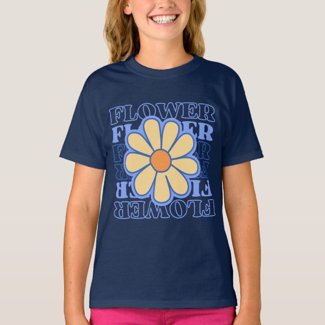 retro blue floral typography flowers lover T-Shirt (Front)