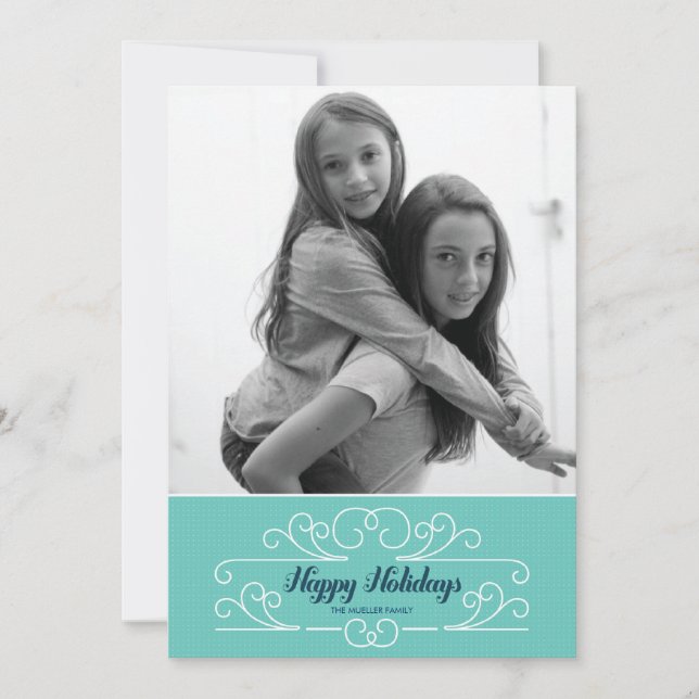 Retro Blue Florish Holiday Photo Card (Front)