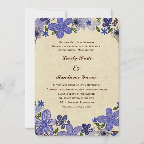 Retro Blue Flowers Catholic Wedding Invitation