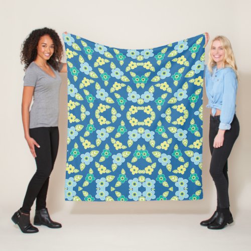 Retro Blue Flowers Fleece Blanket