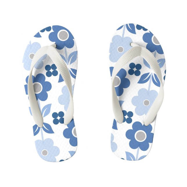 Retro Blue Flowers Kids Flip Flops (Footbed)