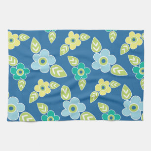 Retro Blue Flowers Kitchen Towel