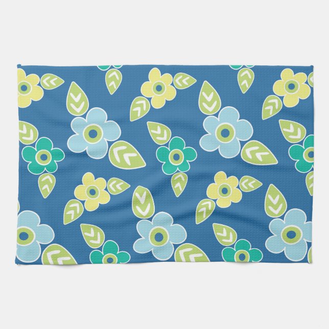 Retro Blue Flowers Kitchen Towel (Horizontal)