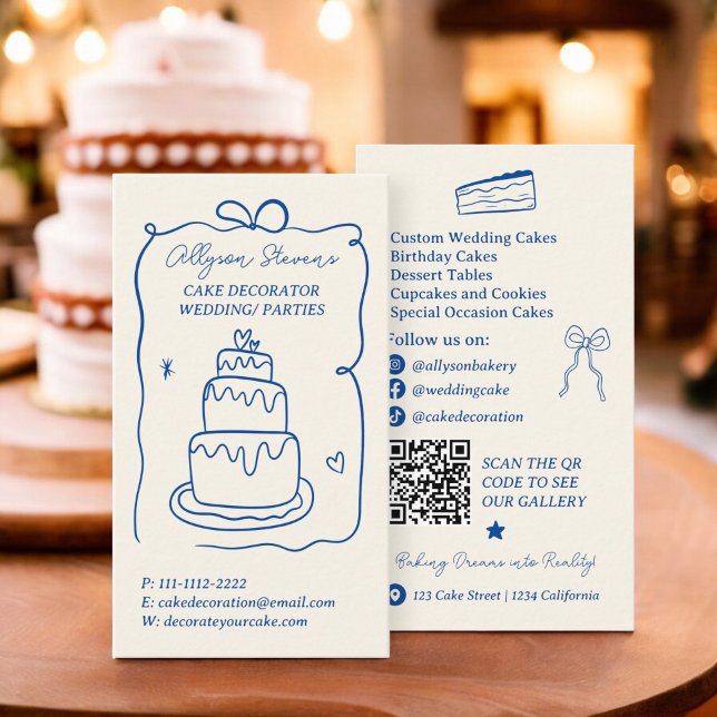 Retro blue French Scribbles cake decorator qr code Business Card (Retro blue French Scribbles cake decorator qr code Business Card)