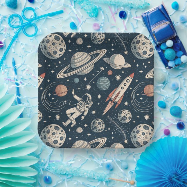 Retro Blue Galaxy Exploration Paper Plates (Party)