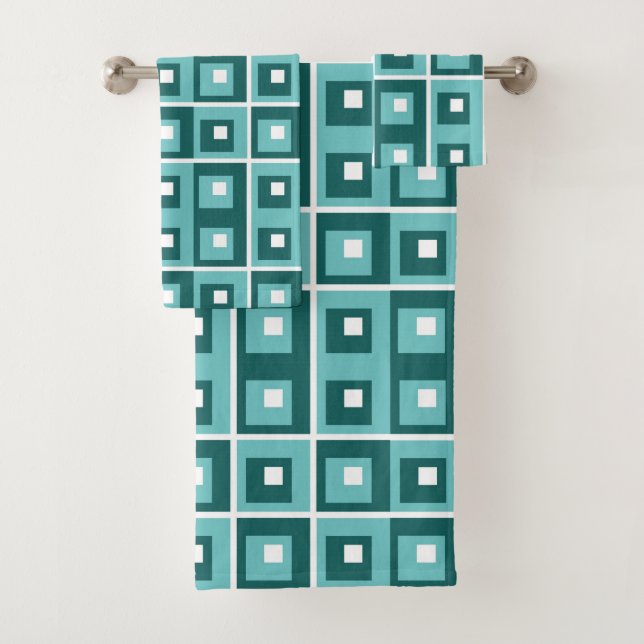 Retro Blue Geometric Squares Pattern Bath Towel Set (Insitu)