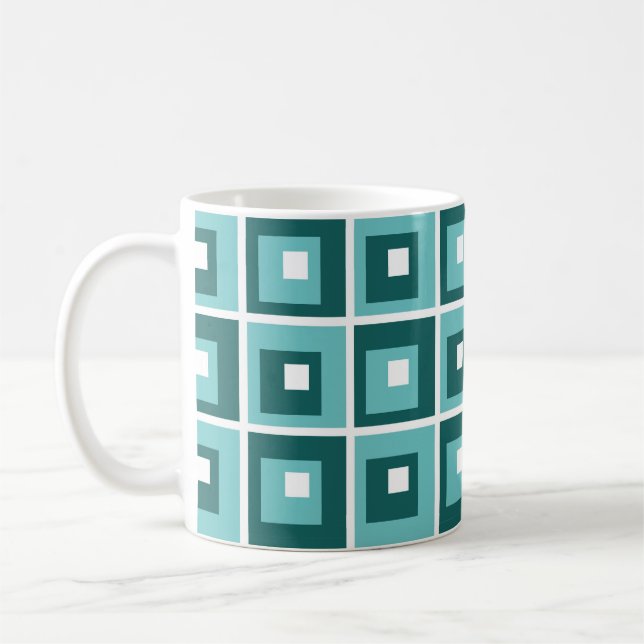 Retro Blue Geometric Squares Pattern Coffee Mug (Left)