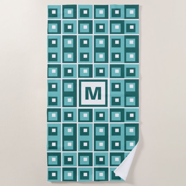 Retro Blue Geometric Squares Pattern Monogram Beach Towel (Front)