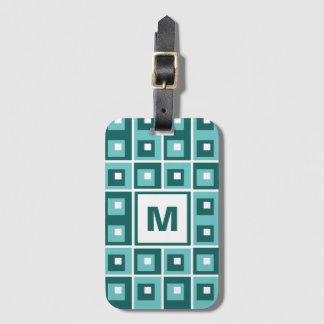 Retro Blue Geometric Squares Pattern Monogram Luggage Tag