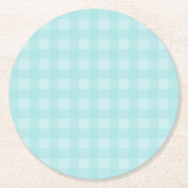Retro Blue Gingham Checkered Pattern Background Round Paper Coaster (Front)