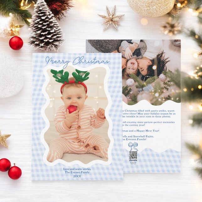 Retro blue Gingham Merry Christmas Wavy 2 photos Holiday Card (Retro blue Gingham Merry Christmas Wavy 2 photos Holiday Card)