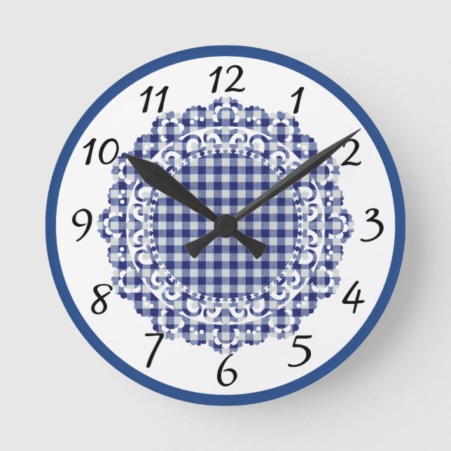 Retro Blue Gingham  Round Clock (Front)