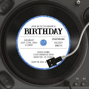 Retro Blue Glitter Vinyl Record Birthday Party Invitation