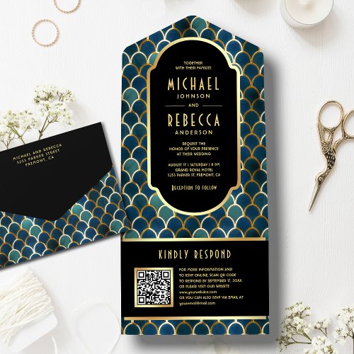Retro Blue Gold Scales Art Deco QR Code Wedding All In One Invitation
