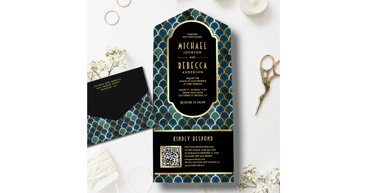 Retro Blue Gold Scales Art Deco QR Code Wedding All In One Invitation ...