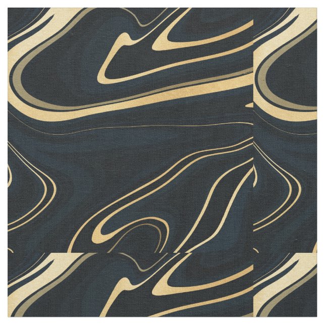Retro Blue Gold Swirl Liquid Painting Design Fabric (Close Up)