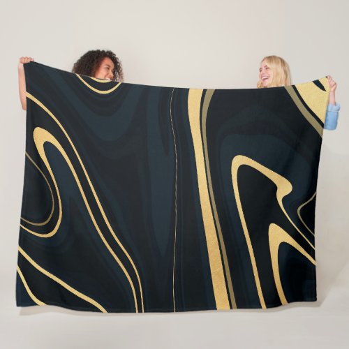 Retro Blue Gold Swirl Liquid Painting Design Fleece Blanket