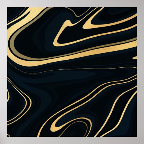 Retro Blue Gold Swirl Liquid Painting Design Poster