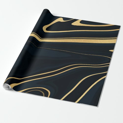 Retro Blue Gold Swirl Liquid Painting Design Wrapping Paper